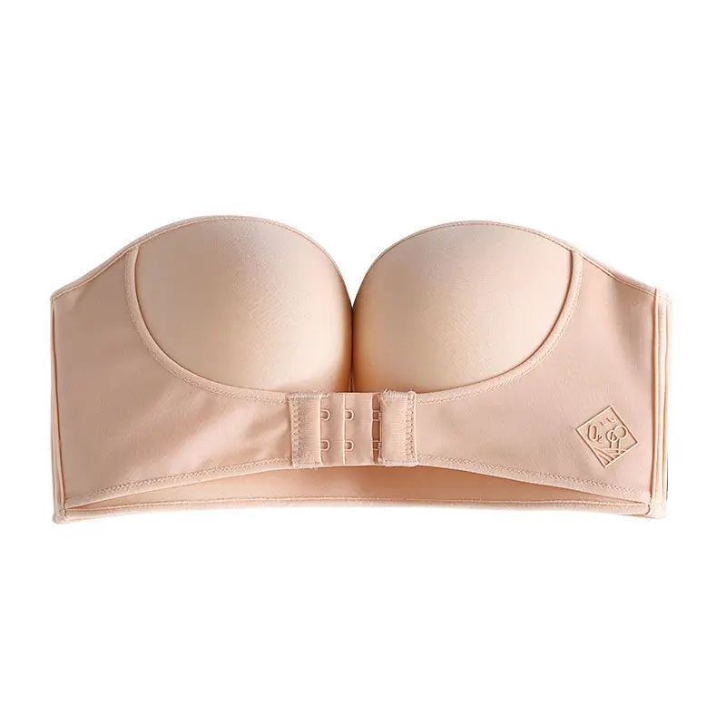 Strapless Push Up Bra - Front Closure Wireless Bralette, Seamless Nylon One-Piece Brassiere