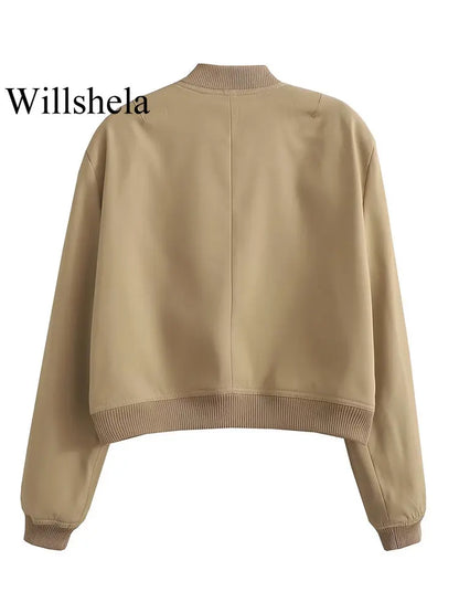 Women Bomber Jacket - Solid V Neck Single Breasted Polyester Coat With Pockets