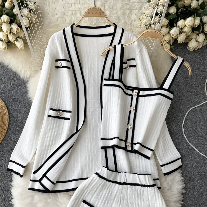 SINGREINY Autumn Knitwear 3PC Sets Long Sleeves Cardigan+Single Breasted Spaghetti Strap+High Waist Elastic Shorts Casual Suits