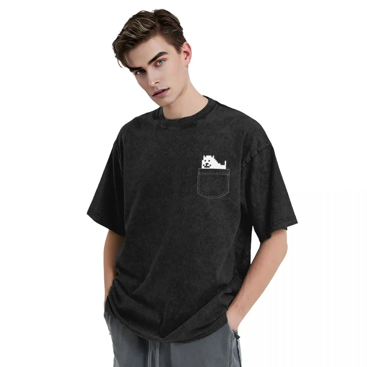 Washed Cartoon T Shirts Undertale Dog Pocket Graphic T-Shirts Cotton Loose Streetwear Short Sleeve Tee Shirt Men Women Clothing