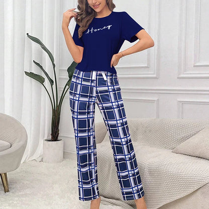 Women's Pajamas Set Casual Home Clothes Soft Comfortable Crew Neck T-Shirt & Plaid Pants Sleepwear Piece Loungewear Pyjama Femme