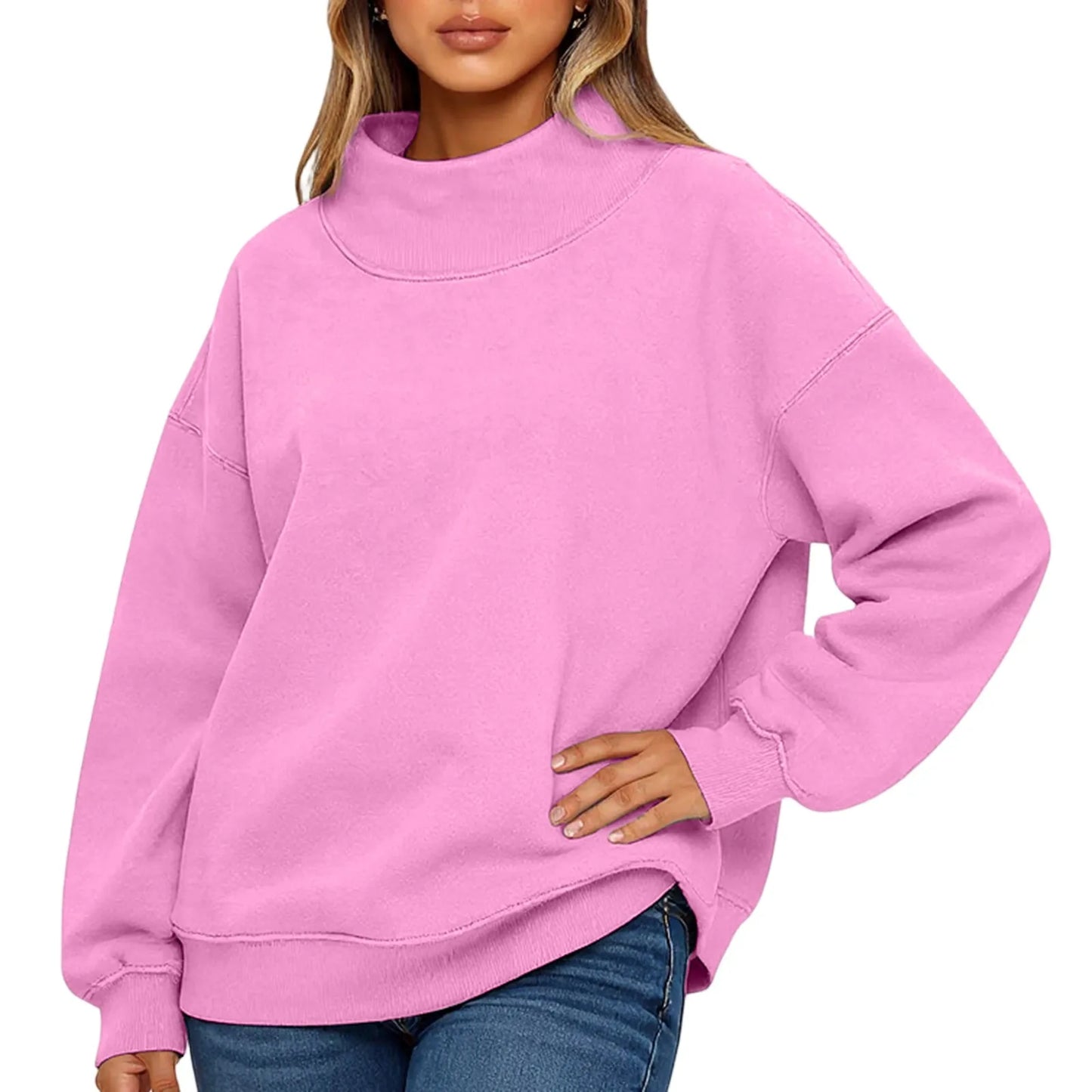 Fashionable Loose High Neck Long Sleeved Solid Color Hoodie for Lady Lazy Style Basic Casual Commuted Pullover Top