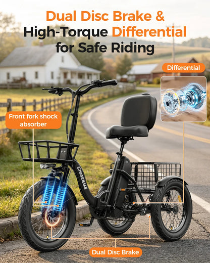 Spacewalk 1200W Peak Electric Trike for Adults, 48V 15Ah Battery 3 Wheel Electric Bike with 60 Miles Range, 18×3.0 Fat Tires, Dual Disc Brakes, Rear Cargo Basket, Adjustable Comfort Seat, Folding E Tricycle for Seniors-Black
