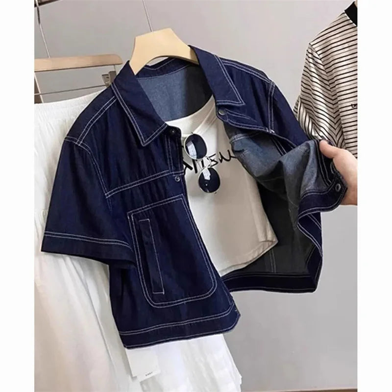 Deep Blue Retro Short Denim Shirts 2026 New Spring Summer Short Sleeved Loose Jeans Jacket Women Korean Versatile Outwear Tops
