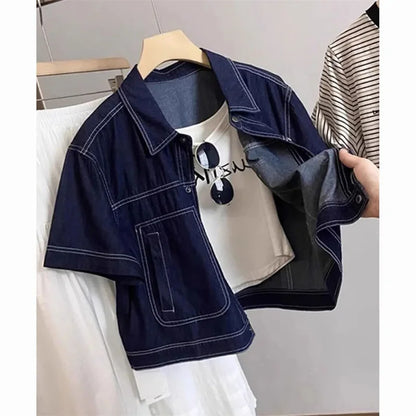 Deep Blue Retro Short Denim Shirts 2026 New Spring Summer Short Sleeved Loose Jeans Jacket Women Korean Versatile Outwear Tops