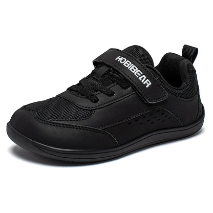HOBIBEAR Kids Wide Toe Shoes Big Kid Barefoot Hook Loop Minimalist Sneakers Artificial Leather Mesh Shoes