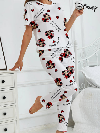 Women's 2-piece set of Disney Mickey and Minnie Cute Cartoon Love Pattern Pajamas Home Clothes Short sleeved Top+Stretch Shorts