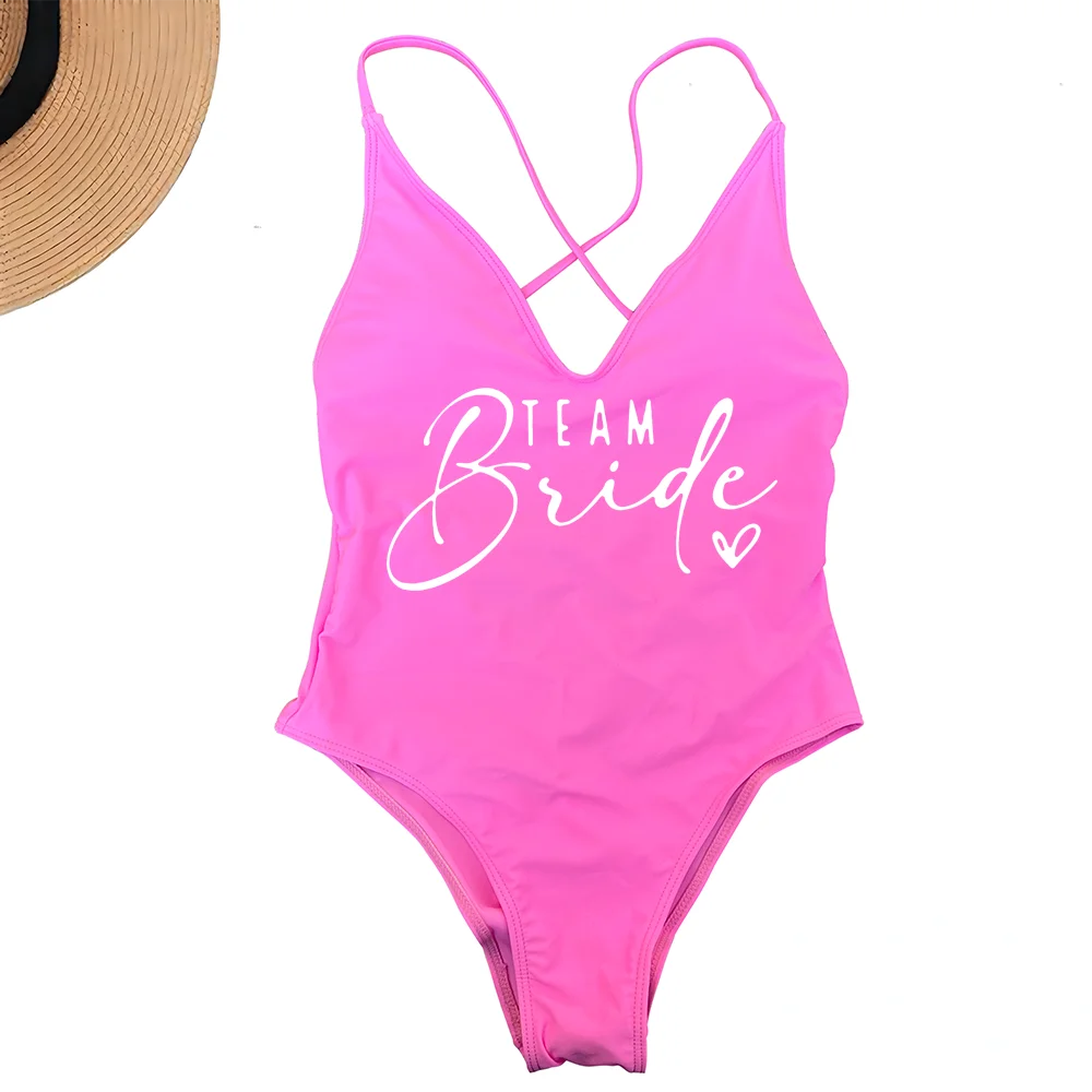 Pink Gold Print One Piece Swimsuit Team Bride Love Sexy Bathing Suit Padded Swimwear Women Bikini Bachelor Party Swim Beachwear