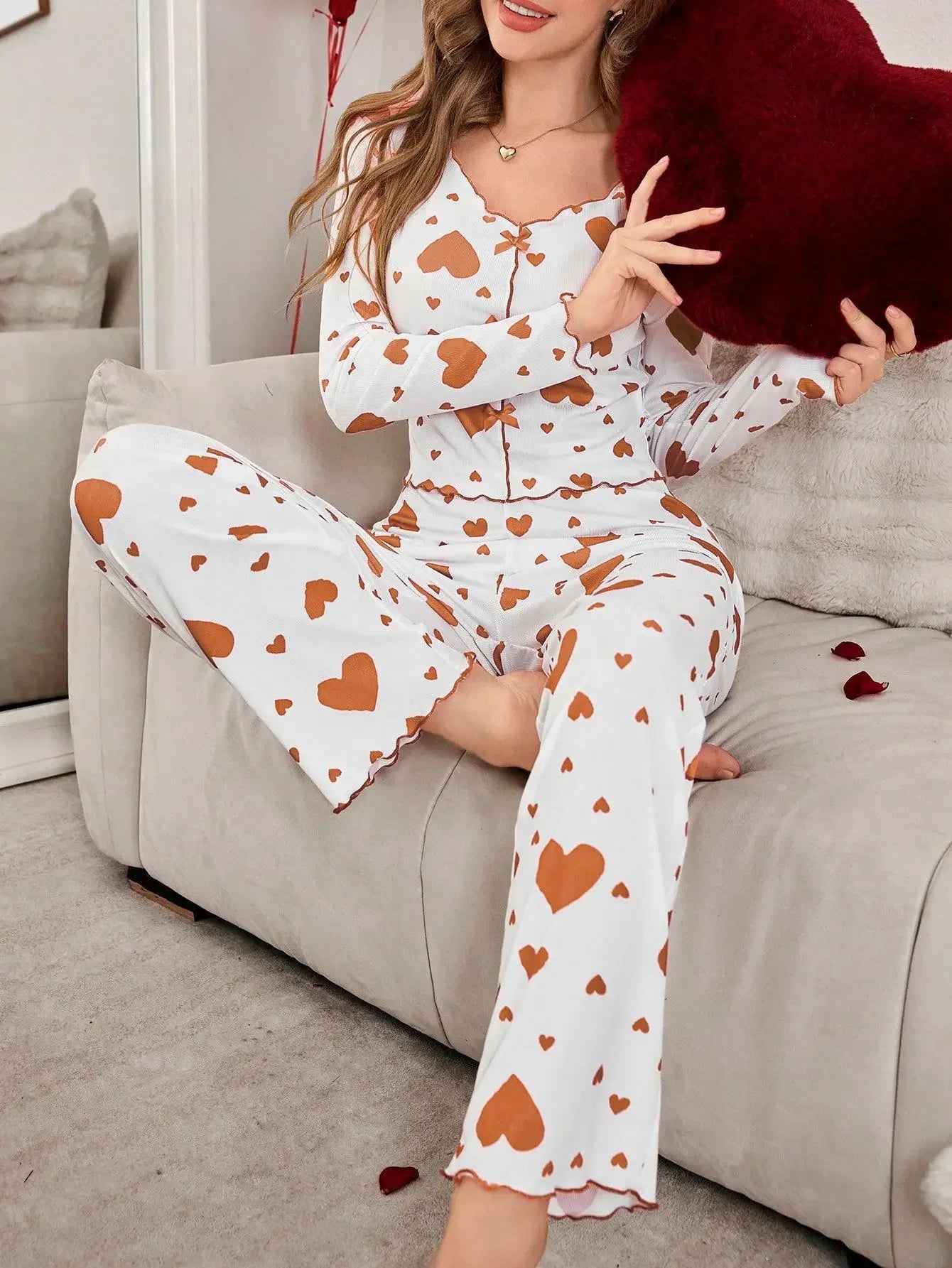 Pajamas 2 Piece Sets Women Sleepwear Loungewear Suit Top Pants Heart Print Bow Trousers Autumn Ensemble Nightwear Outfits