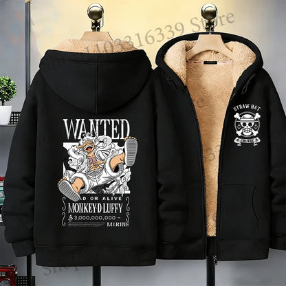 One Piece Man Thick Hooded Jacket Woman Winter Keep Warm Coat Anime Luffy Print Fleece Jacket Thermal Long Sleeve Hooded Clothes