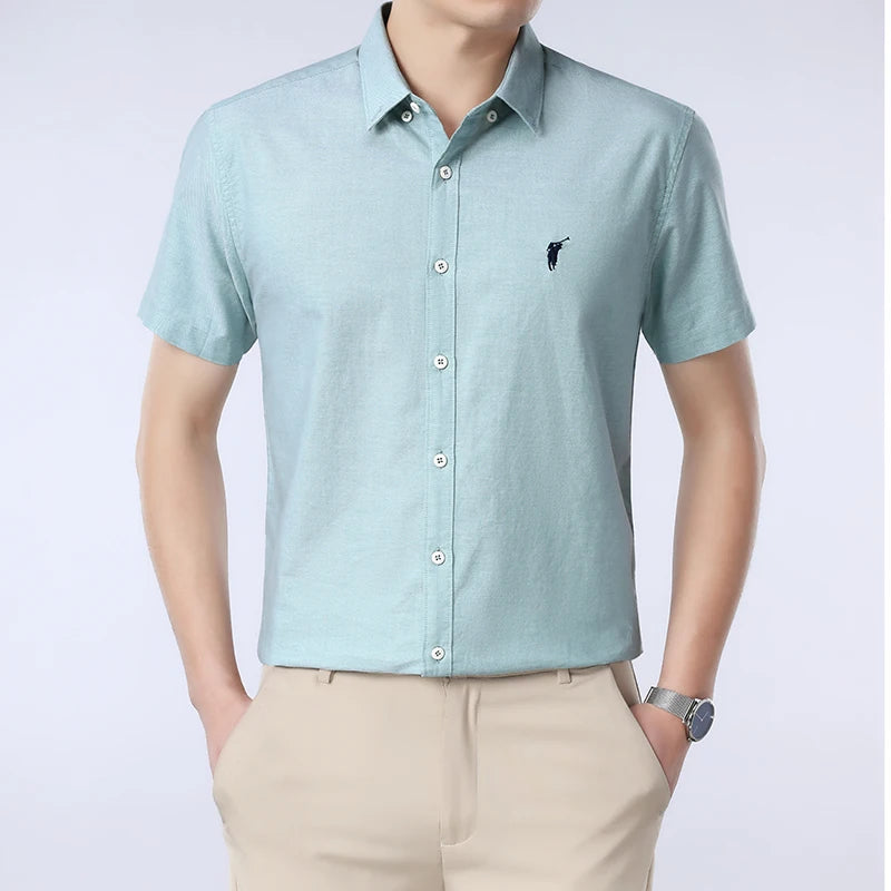 Solid Color Cotton Embroidered Small Horse Logo Shirt, Men's Short Sleeved Casual Versatile High-end Spring and Autumn Shirt