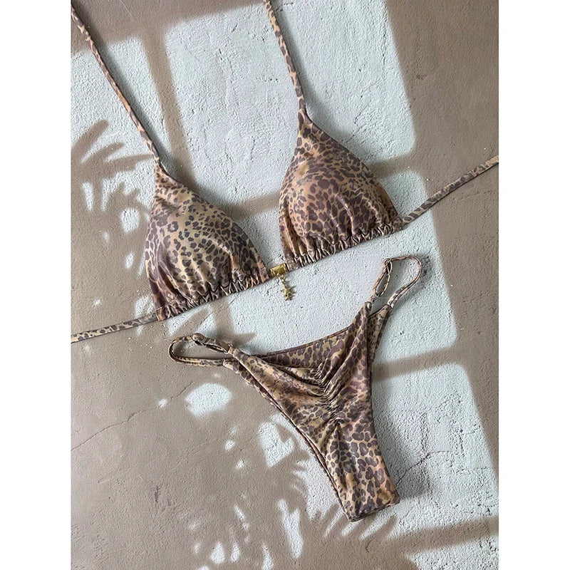 Leopard Push Up Bikinis - Two Piece Micro Bikini Sets With Wire Free Halter Neck