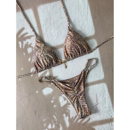 Leopard Push Up Bikinis - Two Piece Micro Bikini Sets With Wire Free Halter Neck