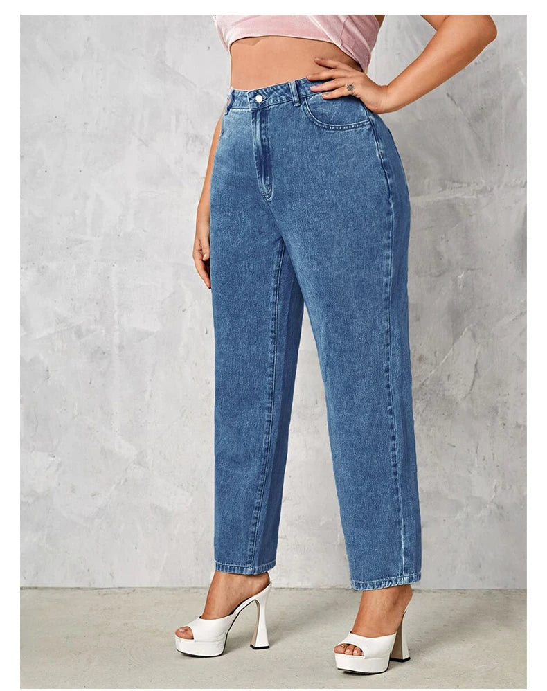 Plus Size Women Jeans Autumn Dark Blue 175cm Tall Stretchy and Loose Washing Straight 6XL 100Kgs Curve Lady Thin Lady Denim Pant