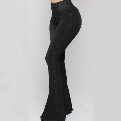 Women Jeans High Waist Strecth Denim Flare Pants Vintage Trousers Buttons Denims Streetwear Spring Autumn Female Floor Length