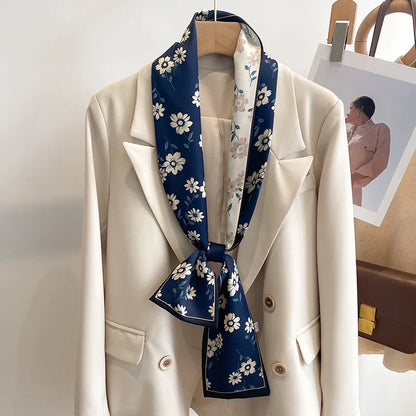 Floral Silk Scarf - Long Ribbon Neck Tie  Headband for Women