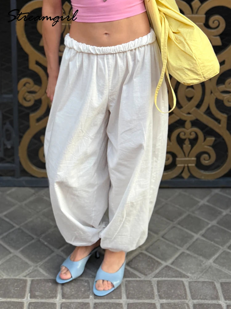 Wide Leg Red Pants For Women Cotton Long Bloomers White Autumn Elastic Waist Lantern Trousers Women Straight Practice Pants Lady