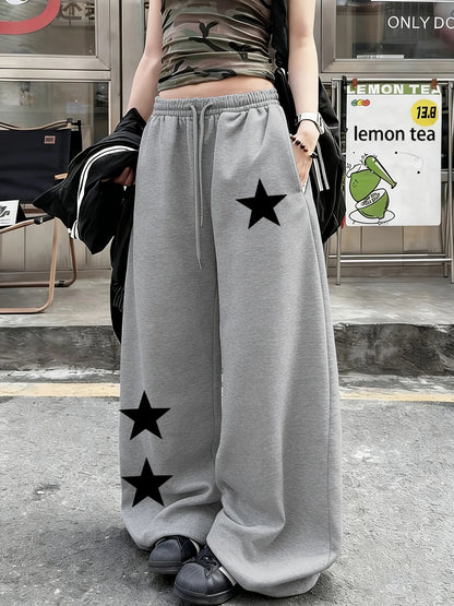 Women's Autumn and Winter Plus-size Star Print Loose Straight Fleece Leg Sweatpants Trendy Streetwear Stylish Versatile