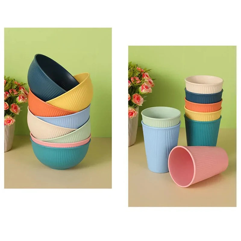 Eco-Friendly Wheat Straw Dinnerware Set - 4pcs Plates Cups Bowls for Home  Outdoor Use