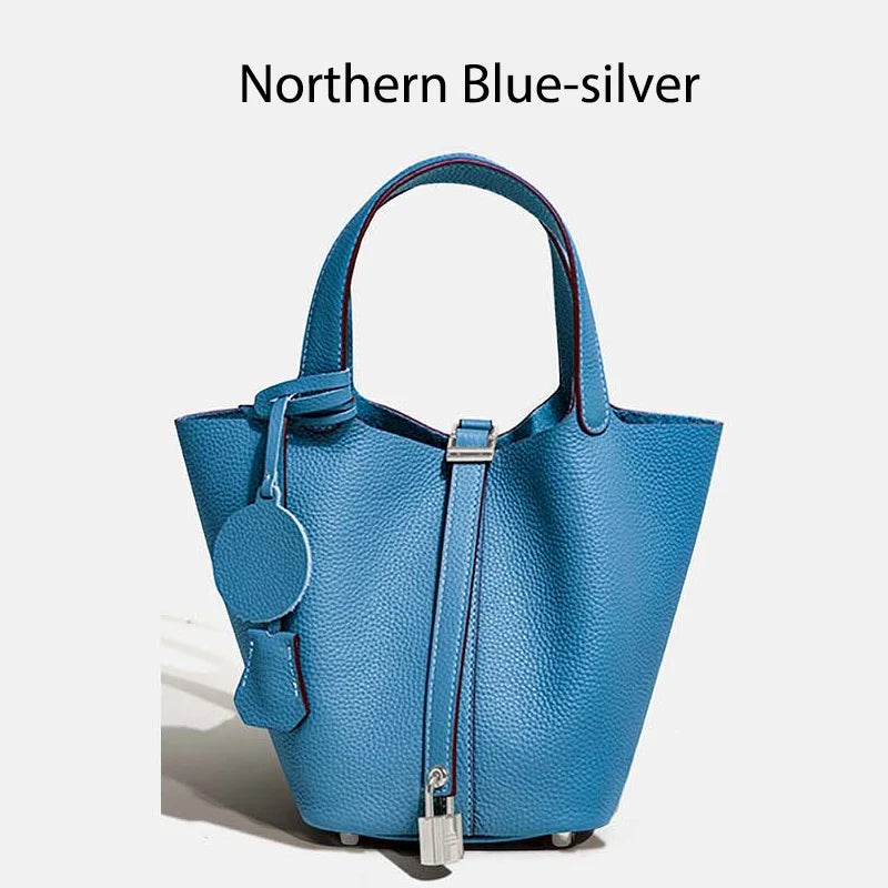 Women Leather Bucket Bag - Genuine Leather Handbag | Large Tote Bag With Silver Hardware