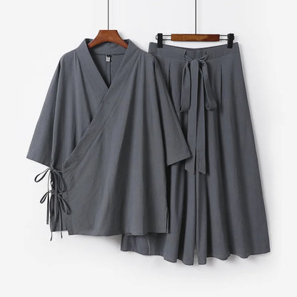 2026 Chinese Style Men's Linen Suit Tang Style Zen Style Hanfu Taoist Long Robe Top Pants Cotton and Linen Loose Two-piece Set