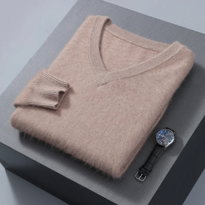Men's 100% Pure Mink Cashmere Sweater V-neck Pullover Knit Bottoming Shirt Autumn And Winter New Long-Sleeve High-End Mink Tops