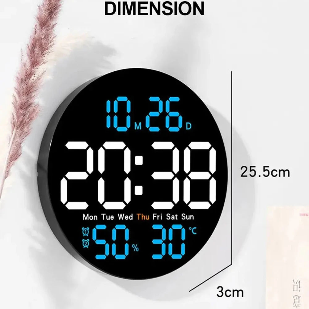 LED Wall Clock with Remote Control - Dual Alarms Calendar  Temperature Display Adjustable Brightness for Home Decor