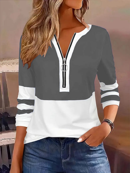 Plus Size Long Sleeve T-Shirt – Loose Fit Striped Top with Color Block Zipper