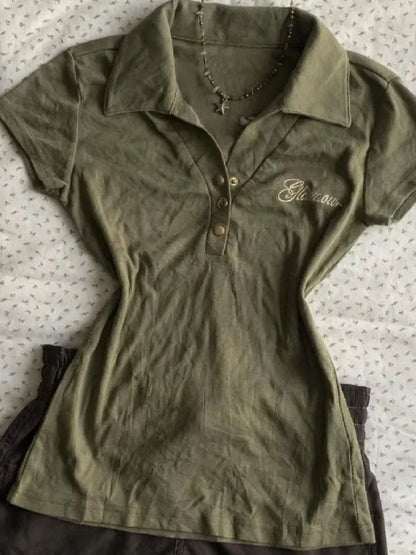 Vintage Polo Shirt Y2k Women's Gothic Style V-neck Slim Harajuku American Letter Print Punk Army Green Short Sleeve T-shirt 2025