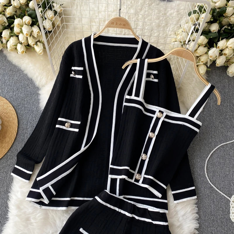 SINGREINY Autumn Knitwear 3PC Sets Long Sleeves Cardigan+Single Breasted Spaghetti Strap+High Waist Elastic Shorts Casual Suits