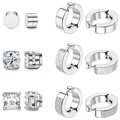 1 Pairs Stainless Steel Magnetic Stud Earrings For Men Women Hoop Earrings Clip On CZ Non-Piercing Steel All Ages