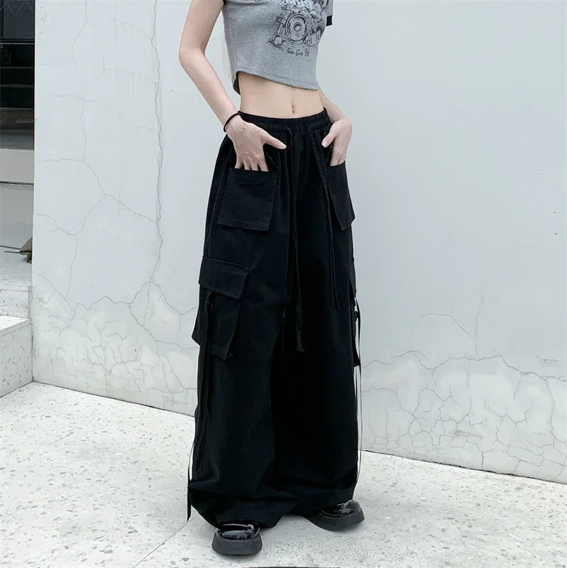 High Quality 2025 Cotton High Street Cargo Pants for Women Men with Ribbon High Waist Wide Leg Hip-hop Cool Dances Pants Ladies