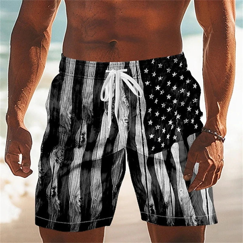 Men Board Shorts - American Flag Print 3D Printed Beach Swim Trunks For Summer