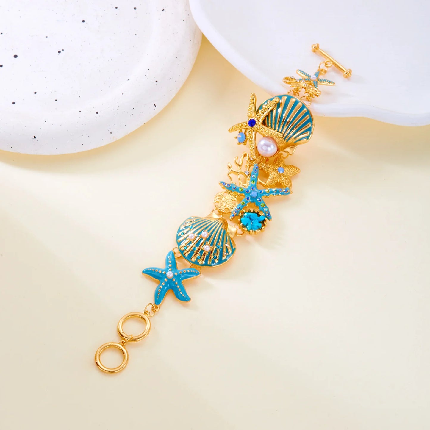 Exaggerated Metal Starfish Shell Pearl Necklace for Women Summer Ocean Coral Scallop Pendant Necklace Boho Beach Jewelry Gift