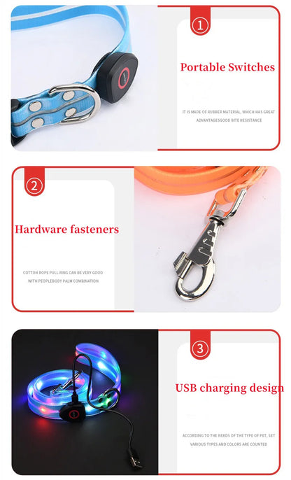 Pet light-up collar leash LED flashing collar USB charging dog walking pulling belt adjustable dog collar fashion pet supplies