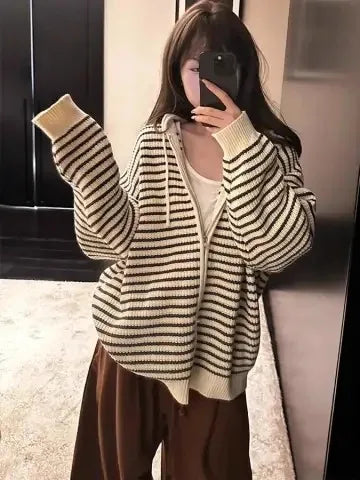 Hong Kong Style Striped Hooded Knitted Sweater Coat Women's Open Cardigan Spring Autumn Winter New Drawstring Zipper Versatil...