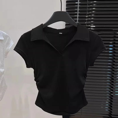 Cotton Summer Sexy Women's T Shirt Skinny Slim Basic Solid Crop Top Short Sleeve Polo TShirtCasual Top Tee for Women