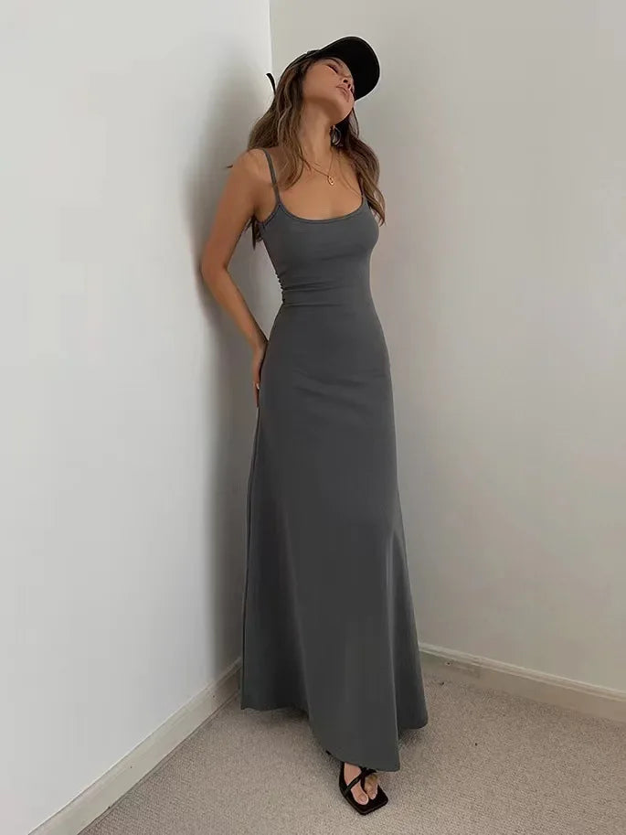 Summer Backless Dress - Slim Waisted Spaghetti Strap Mid-Calf Length Casual Outfit