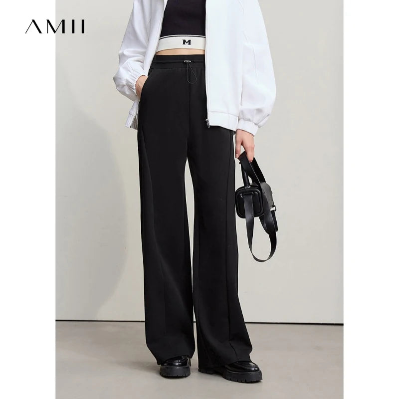 Amii Cotton Pants For Woman 2026 Autumn New Adjustable Rubber Band Waist Casual Pants Long Wide Leg Knit Women Trousers 12641040