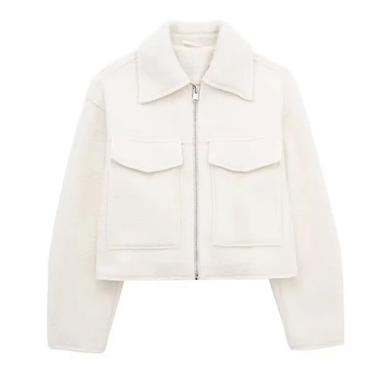 Women Zipper Jacket - Grey Vintage Lapel With Pockets | Casual Long Sleeve Outerwear