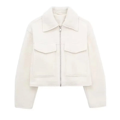 Women Zipper Jacket - Grey Vintage Lapel With Pockets | Casual Long Sleeve Outerwear