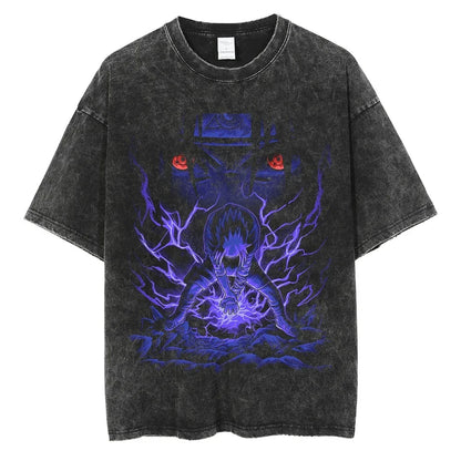 Men Harajuku Streetwear Vintage Black Tshirt Anime Naruto Print T-Shirt Summer Fashion Cotton Tops Tees Loose Washed Clothing