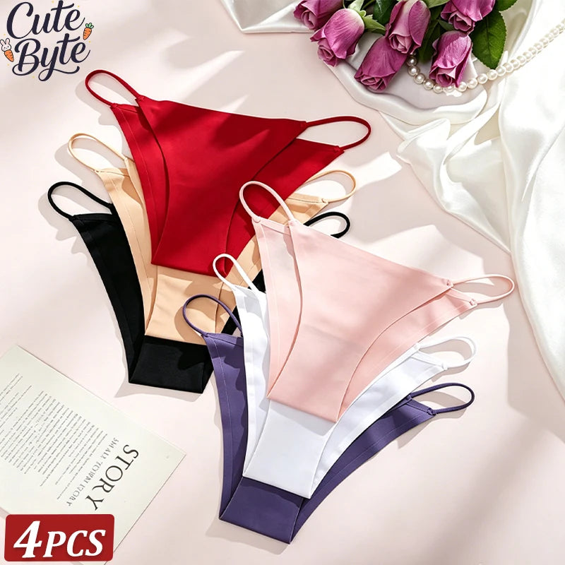 4PCS/Set Seamless Thin Strap Thong Underwear Women Low Rise Briefs Ice Silk Comfortable Panties Multi Color No Trace Lingerie