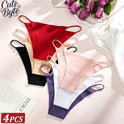 4PCS/Set Seamless Thin Strap Thong Underwear Women Low Rise Briefs Ice Silk Comfortable Panties Multi Color No Trace Lingerie