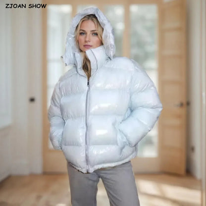 New Winter Fashion Women Bright Light Blue Zipper Up Bread Parka Coat Woman Stand Collar Removable Hooded Long Sleeve Outerwear