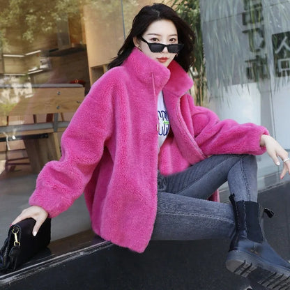 Women Winter Coat - Coral Fleece Jacket With Plush Stand Collar & Zipper Closure