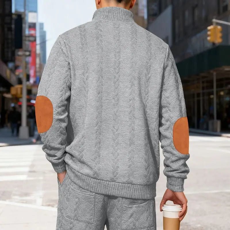 Men's Waffle Knit Quarter Zip Pullover with Contrast Trim and Elbow Patches Casual Long Sleeve Sweater