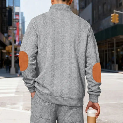 Men's Waffle Knit Quarter Zip Pullover with Contrast Trim and Elbow Patches Casual Long Sleeve Sweater