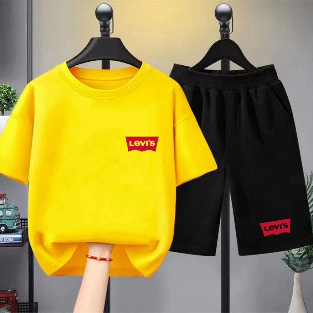 Summer Boy Girl Red T-shirt+Shorts Two-piece Set Kids Brand Clothing Fashion 3-12Yrs Sports Short-sleeved Casual Black Set