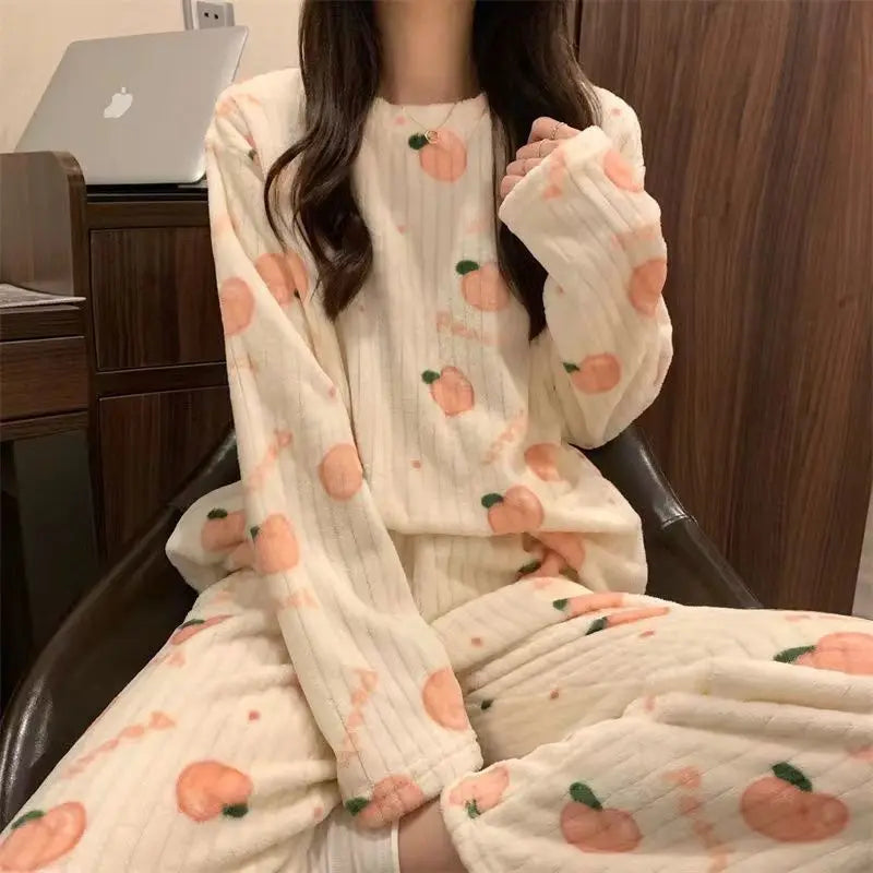 Autumn Winter Warm Flannel Fleecing Women Pyjamas Sets Thick Coral Velvet Long Sleeve Cartoon Sleepwear Thin Flannel Pajamas Set